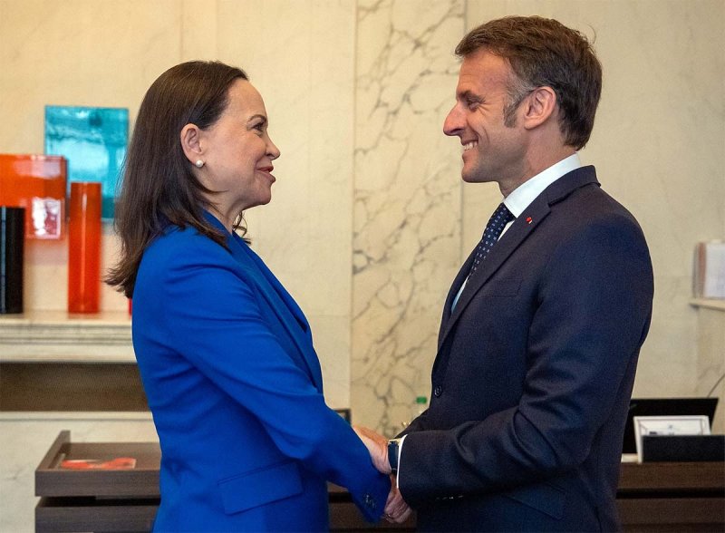 La leader d’extrême droite María Corina Machado reçue par Marco Rubio et Emmanuel Macron (DR)